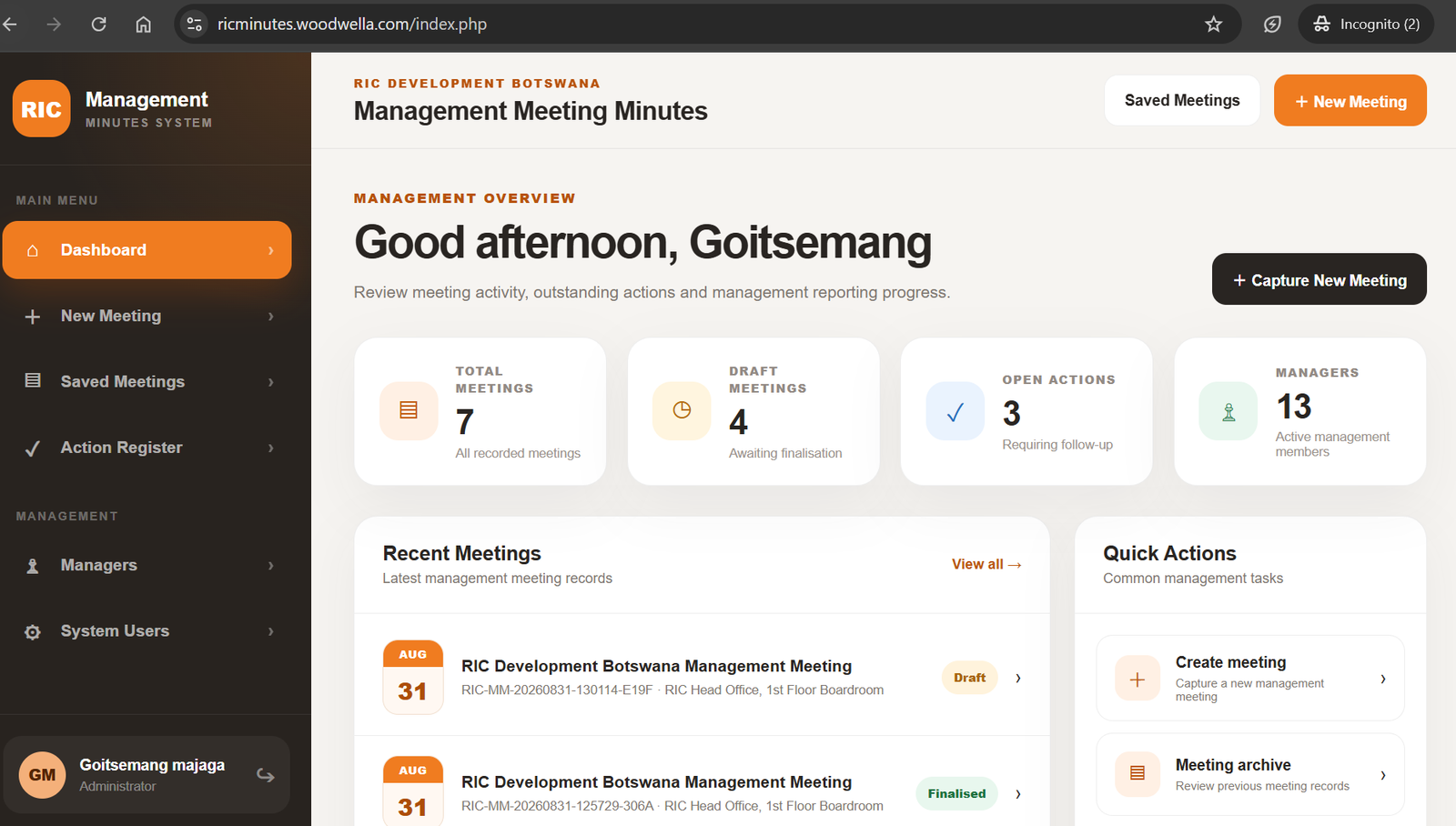 RIC Management Meeting Minutes System dashboard