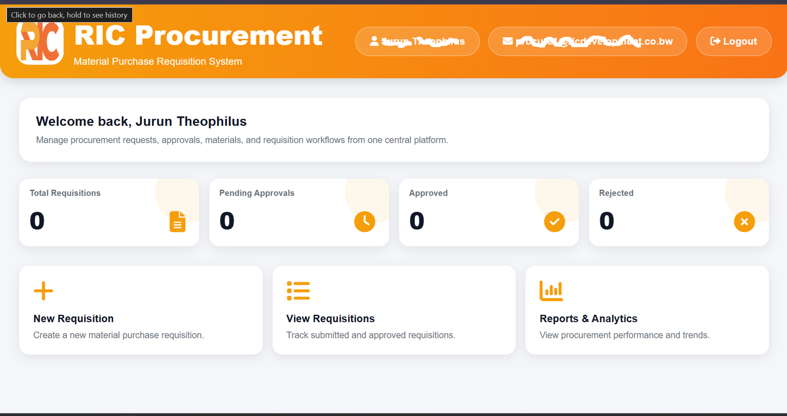 RIC Procurement System dashboard